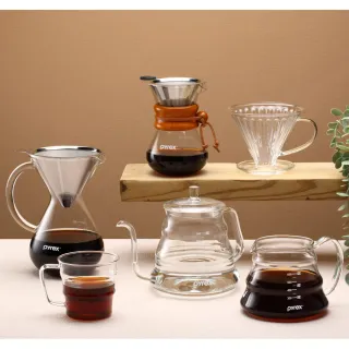 【CorelleBrands 康寧餐具】Pyrex Cafe 玻璃細口手沖壺 1.0L+手沖咖啡玻璃壺 600ML-附濾網(大容量超值組)