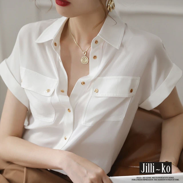JILLI-KO【JILLI-KO】夏季新款純色氣質設計感小眾鈕扣短袖襯衫-F(白/綠)