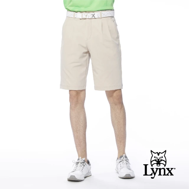 【Lynx Golf】男款彈性舒適基本款後袋蓋設計雙折休閒短褲(卡其色)