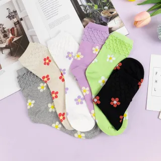 【AHUA 阿華有事嗎】韓國襪子 襪口紋路滿版花朵中筒襪 女襪 K1451(百搭 春夏 花朵 中筒襪)
