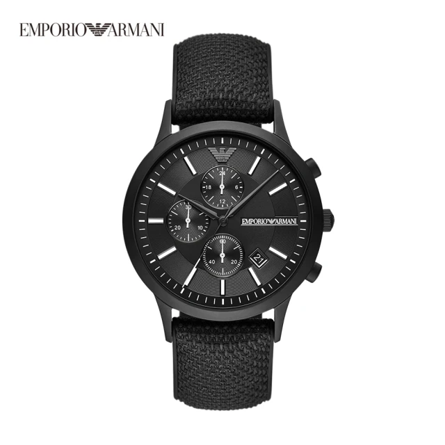 【EMPORIO ARMANI】Renato 都會從容三眼手錶 黑色矽膠錶帶 43MM AR11457