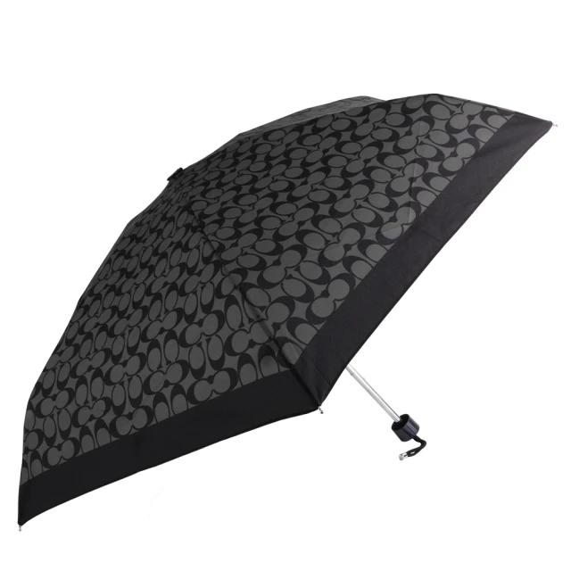 【COACH】滿版C LOGO 黑飾邊晴雨折疊傘(黑灰X黑)