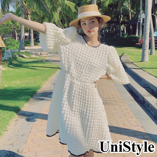 UniStyle【UniStyle】韓系復古甜美泡泡格短袖後綁帶連身洋裝優雅小香風 女 ZM225-6615(白)