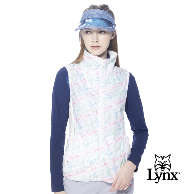 Lynx Golf【Lynx Golf】女款滿版LYNX英文草寫字樣印花剪裁配布設計無袖背心(白色)