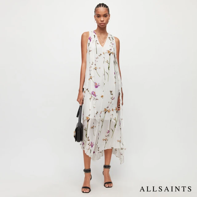 【ALLSAINTS】CAPRI KIKYO 人造絲風鈴草印花無袖中長版連身裙洋裝-白(常規版型)