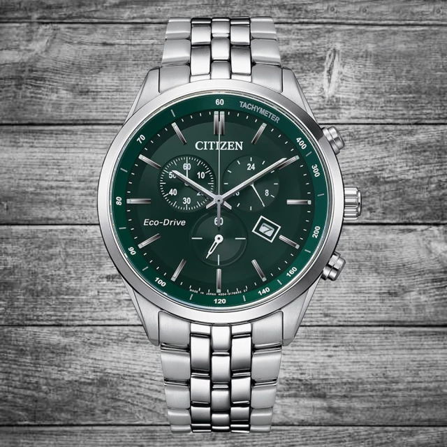 【CITIZEN 星辰】GENTS系列 光動能計時碼表時尚潮男腕錶-綠面42mm(AT2149-85X 藍寶石水晶玻璃)