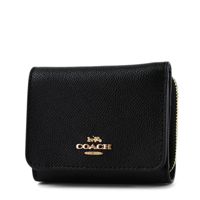 COACH【COACH】素面防刮皮革三折零錢袋短夾-黑色