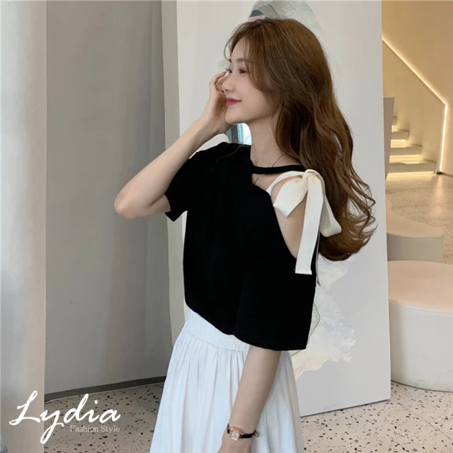 【Lydia】韓版設計感甜美露肩綁帶短袖上衣(白/黑 M.L.XL)