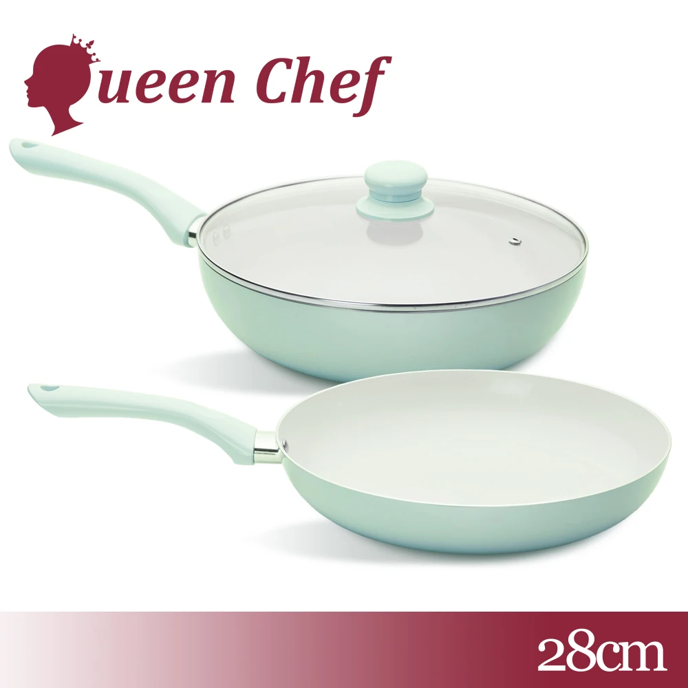【Queen Chef】健康嚴選米陶瓷不沾雙鍋3件組(炒鍋+平底鍋+蓋)