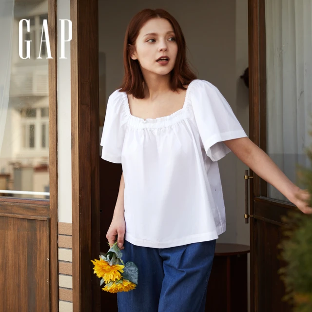 【GAP】女裝 甜美方領寬鬆蝙蝠袖短袖襯衫(856855-白色)