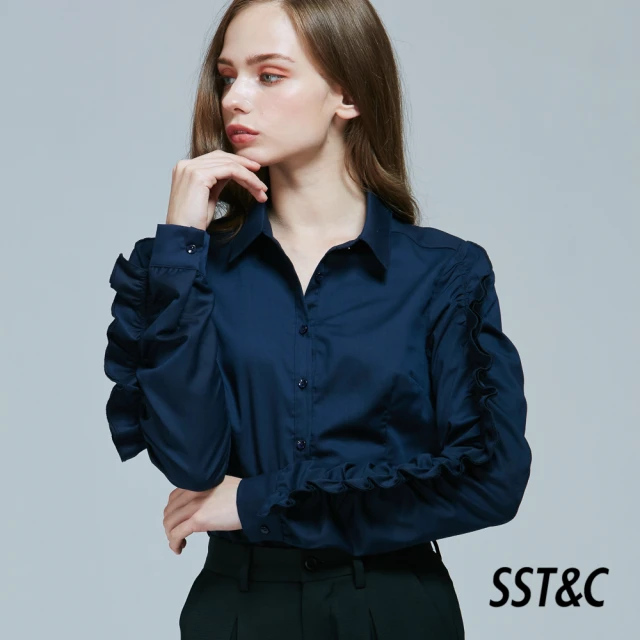 SST&C【SST&C】深藍色荷葉邊袖襯衫7671809002