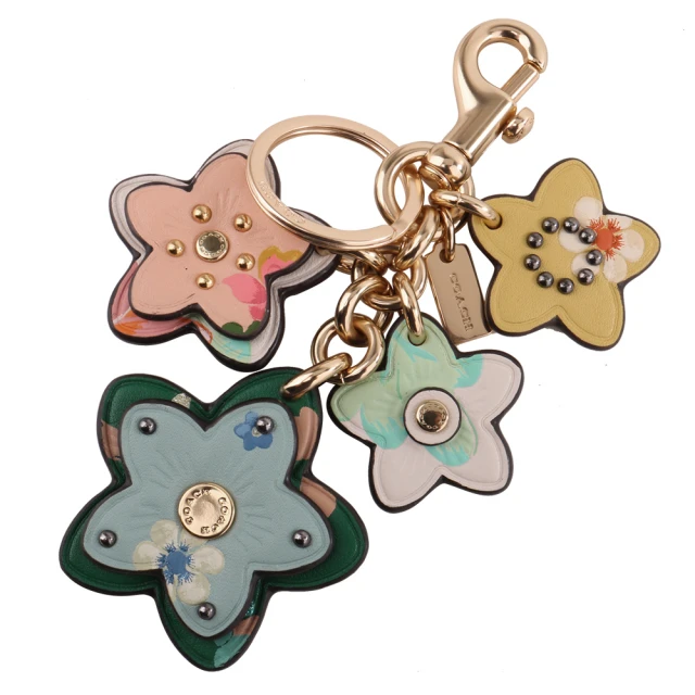【COACH】粉彩花朵雕飾皮革吊飾&扣環鑰匙圈(多色系)