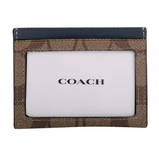 【COACH】防刮LOGO穿式皮帶+名片夾禮盒組(卡其X藍/42吋)