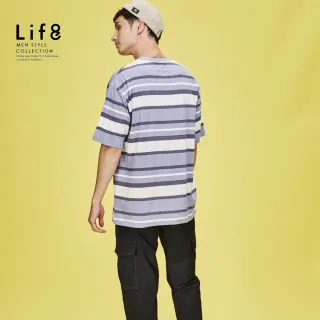 【Life8】ALL WEARS 落日時分 條紋繡花短袖上衣-藍條(41085)