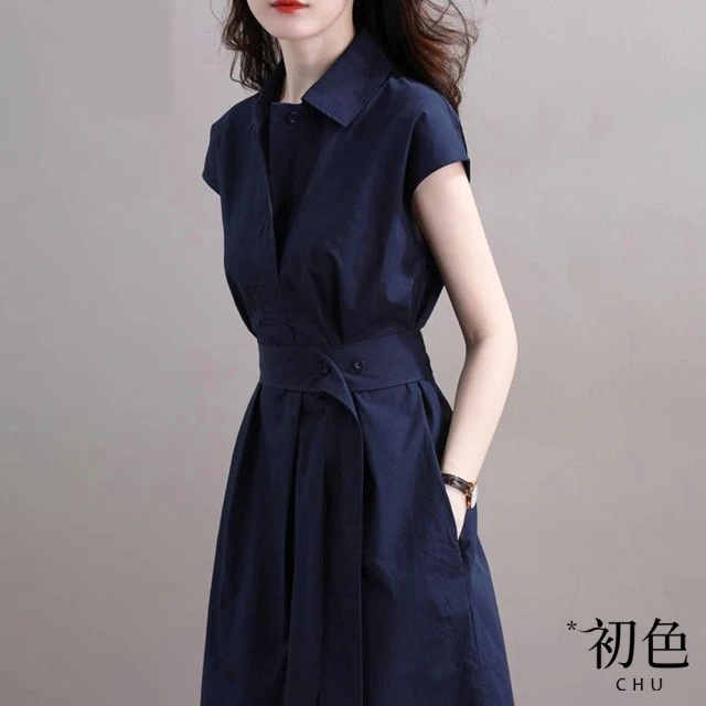 綻放【綻放】襯衫領收腰綁帶連身洋裝-藍色-62387(M-XL可選)