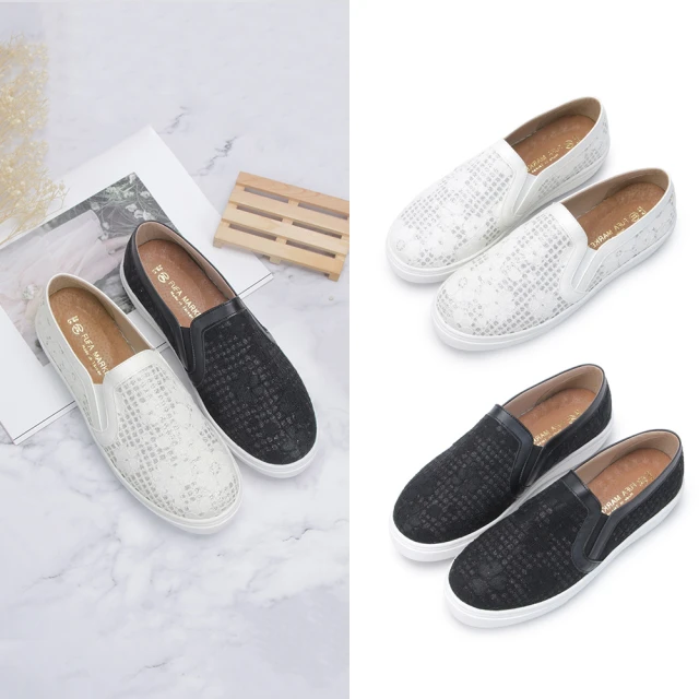 【FUFA Shoes 富發牌】閃閃花兒懶人鞋-黑/白 1BD60(懶人鞋/平底鞋/小白鞋)