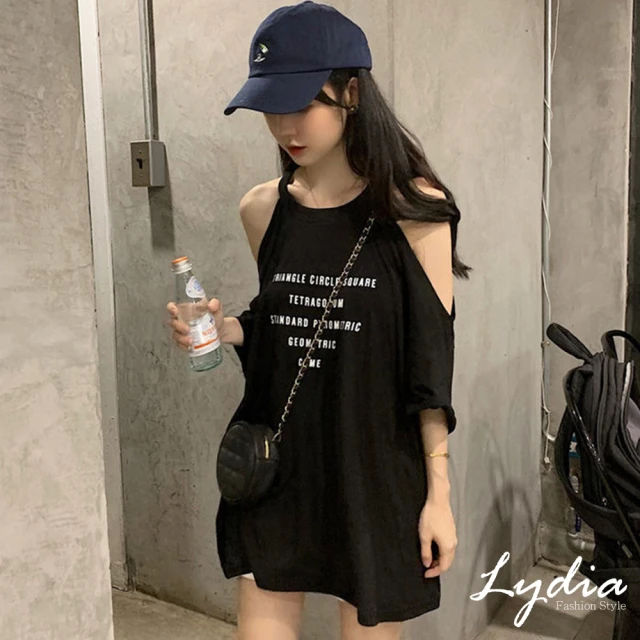 Lydia【Lydia】韓版寬鬆潮流時尚設計感露肩上衣(黑 F)