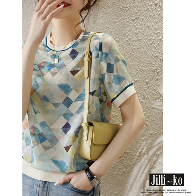 JILLI-KO【JILLI-KO】夏裝新款清爽幾何印花緞面雪紡感短袖T恤-F(藍)