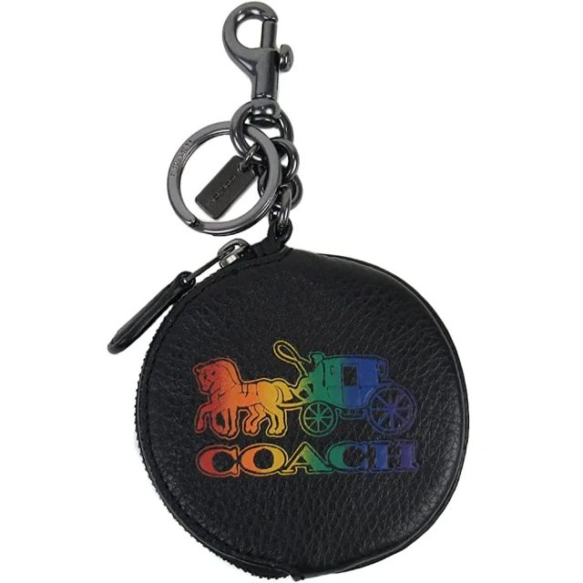 COACH【COACH】彩虹馬車X黑色皮革圓型零錢包鑰匙圈包包掛飾