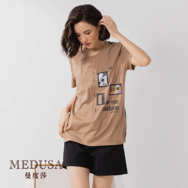 【MEDUSA 曼度莎】紐約膠片後背拼接純棉Tee（M-2L）｜女裝 上衣 T恤 加大尺碼(801-95701)