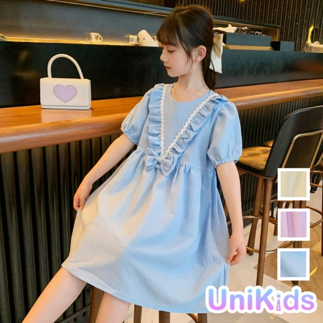 【UniKids】中大童肌理感泡泡短袖花邊蝴蝶結連身洋裝 女大童 JSSY805(黃 粉 藍)