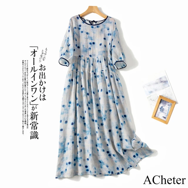 【ACheter】波點印花寬鬆棉麻涼爽洋裝#113068現貨+預購(花紋)