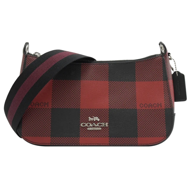 COACH【COACH】金屬LOGO雙色格紋圖案寬背帶斜背包(黑紅)