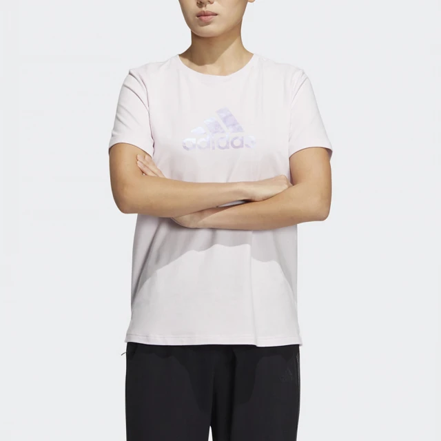 【adidas 愛迪達】上衣 女款 短袖上衣 運動 寬鬆 粉 HM7047