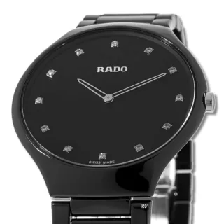 【Rado 雷達表】官方授權R6 True Thinline 真薄真鑽石英腕錶 39㎜黑陶瓷12鑽款-加高級錶盒(R27741732)