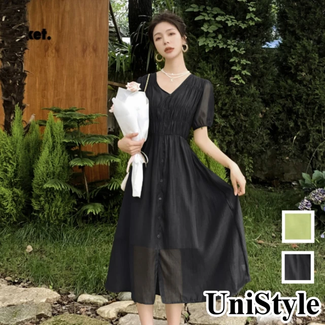 UniStyle【UniStyle】韓系浪漫初戀氣質天絲收腰顯瘦短袖連身洋裝 女 ZM008A-2062(氣質黑 芥末綠)