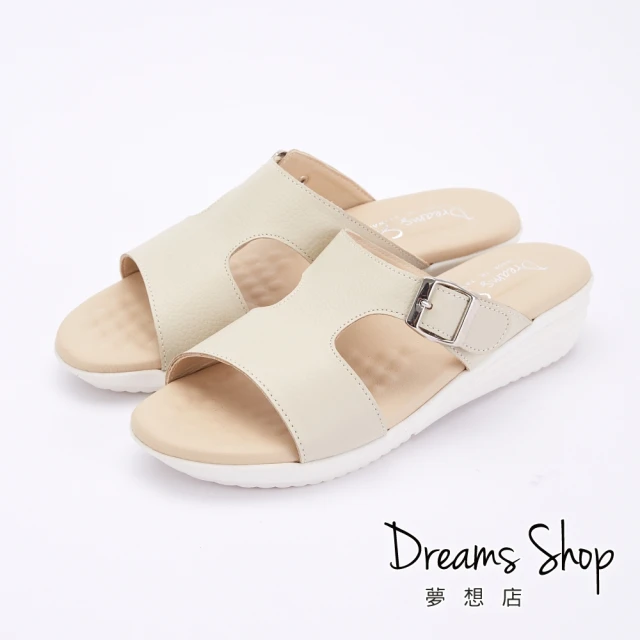 【DREAMS SHOP】IT真皮減壓皮帶扣工字厚底拖鞋4cm 米豆(大尺碼女鞋40-44 氣墊涼拖鞋)