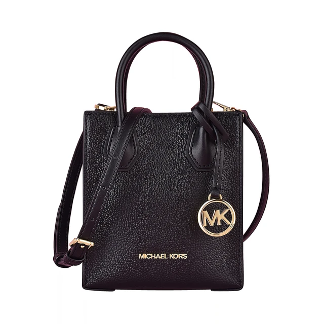 【Michael Kors】MICHAEL KORS 經典MERCER系列金字LOGO牛皮釦式手提斜背小包(小/黑)