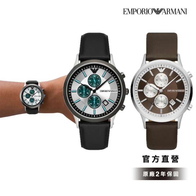 【EMPORIO ARMANI】Renato 街頭風尚三眼計時手錶 黑色環保製程皮革錶帶 43MM AR11473