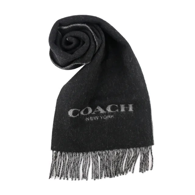 【COACH】Logo 羊毛混喀什米爾雙色圍巾(黑色/灰色)