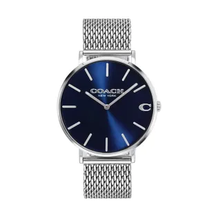 【COACH】COACH 銀框 藍面 銀色米蘭帶腕錶 情人節/父親節(CO14602437)