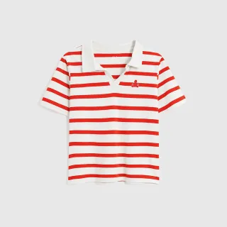【GAP】女裝 厚磅密織 水洗棉系列 小熊寬鬆短袖POLO衫(858105-紅色條紋)
