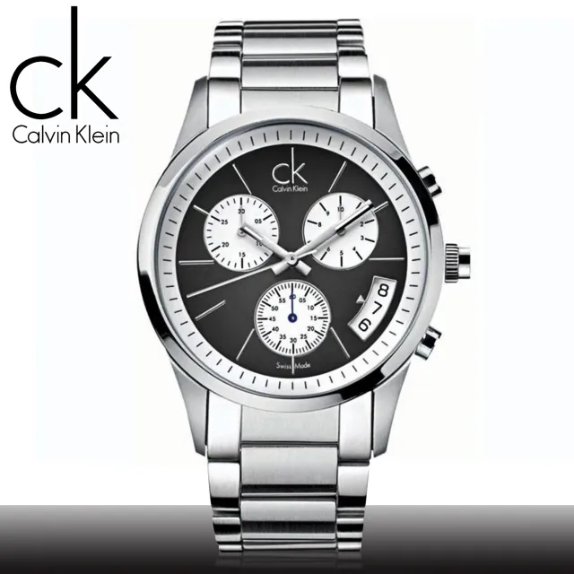 【瑞士 CK手錶 Calvin Klein】黑爵彎月三眼計時男錶(K2247107)