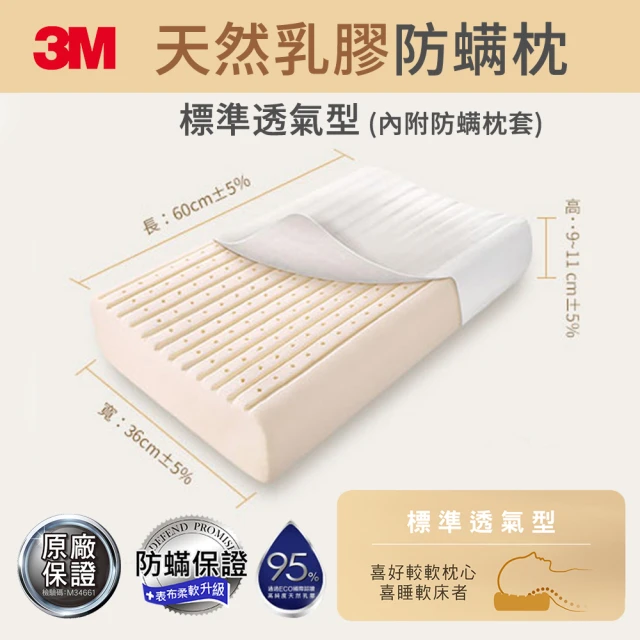 【3M】馬來西亞天然乳膠防蹣枕-標準透氣型/附防蹣枕套