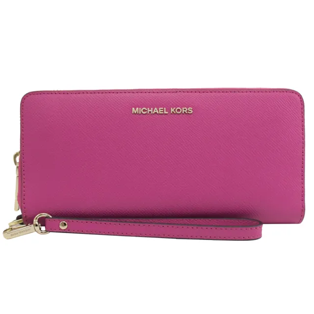 【Michael Kors】新版簡約LOGO手提式多卡拉鍊零錢長夾(桃紫)