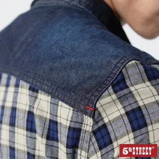 【5th STREET】男配布口袋格長袖襯衫-灰藍色