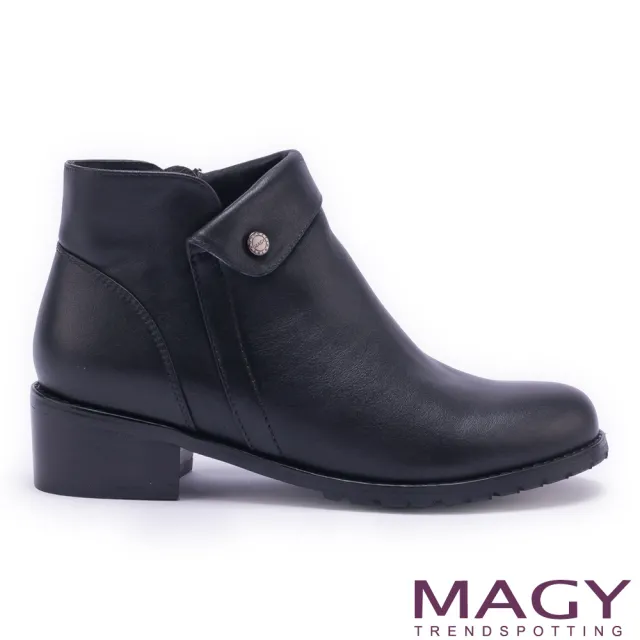 【MAGY】簡約時髦 復古反折鉚釘牛皮短靴(黑色)