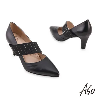 【A.S.O 阿瘦集團】健步通勤時尚鉚釘織帶尖頭高跟鞋(黑)