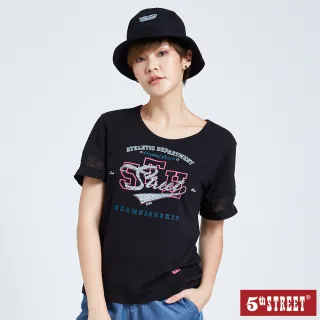 【5th STREET】女拼接袖美式短袖T恤-黑色