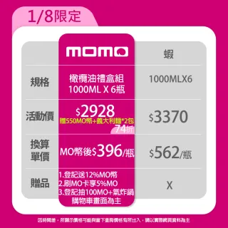 【Olitalia 奧利塔】超值純橄欖油禮盒組(1000mlx6瓶)