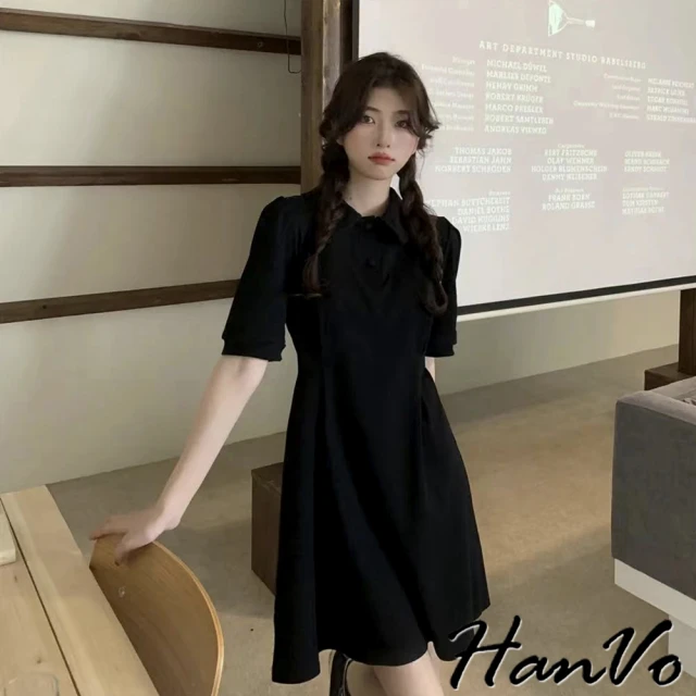 【HanVo】POLO衫造型打褶收腰短洋裝(韓版時髦日常休閒藏肉修身顯瘦連衣裙 韓系女裝 女生衣著 3601)