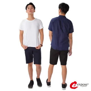 【Expose】新款素色運動休閒拼布短褲(黑/藍)