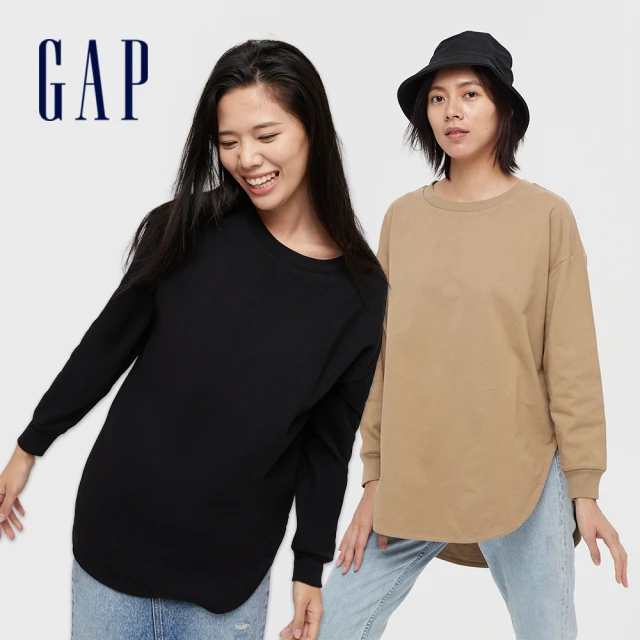 【GAP】女裝 厚磅密織系列 簡約素色寬鬆圓領長袖T恤(多色可選)