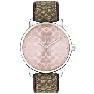 【COACH】GRAND 銀框X粉滿版LOGO錶盤咖啡織紋布皮革錶帶手錶
