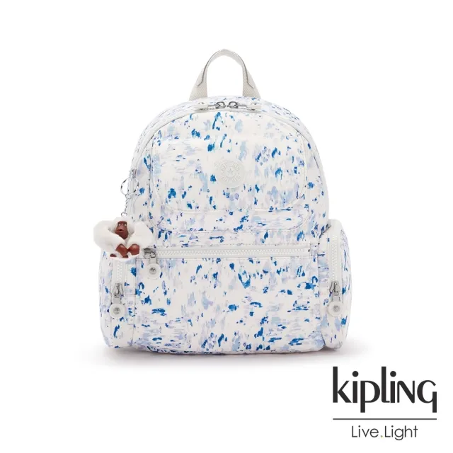 【KIPLING】淨白水彩暈染藍多口袋拉鍊後背包-MATTA
