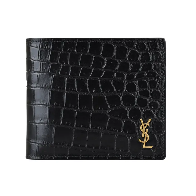 【YSL】YSL SAINT LAURENT金字LOGO牛皮13卡對摺短夾(黑)